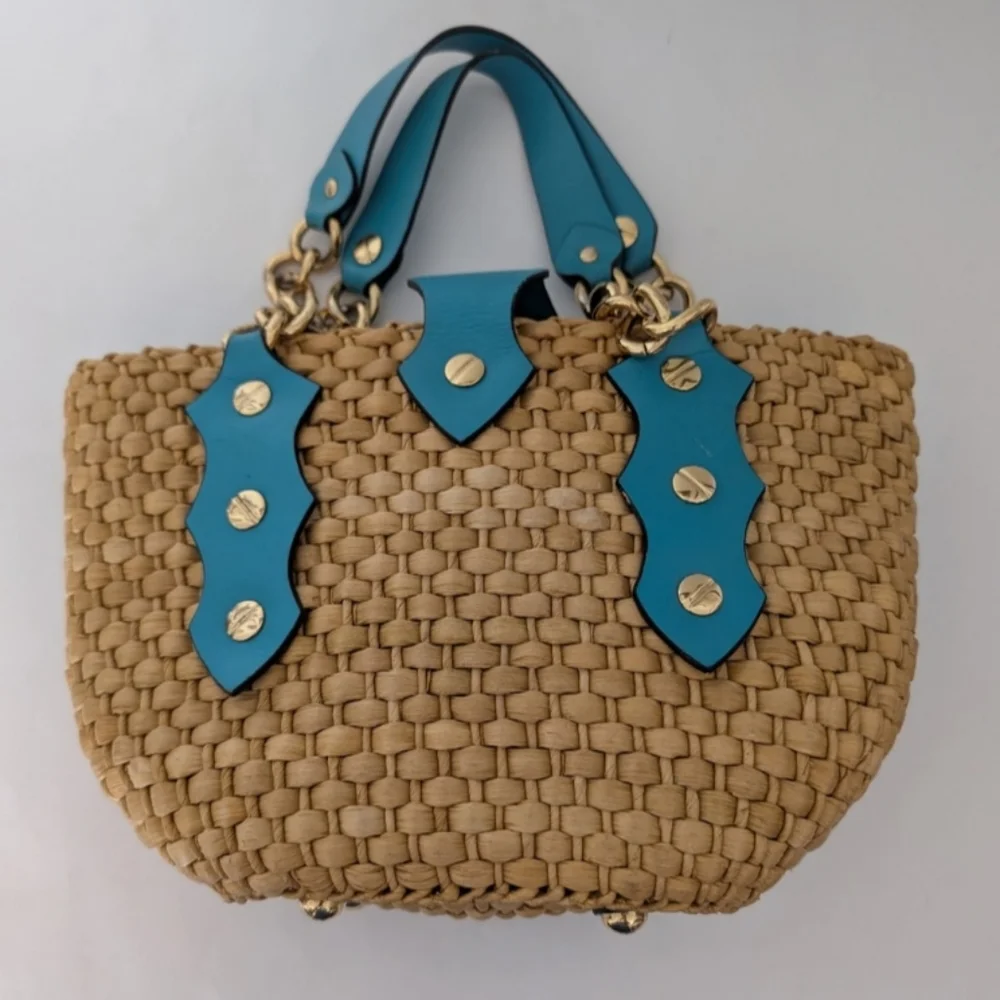Michael Kors Santorini Straw Handbag Double Teal Leather Gold Chain Straps Rare - Picture 2 of 9